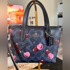 Coach Mini City tote denim blue with cherry 🍒 print top handle/crossbody strap